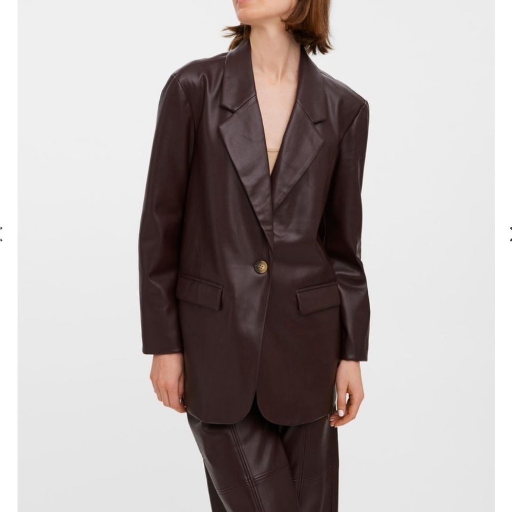 VERO MODA OLIVIA LOOSE FIT FAUX LEATHER BLAZER Coffee Bean Brown Sz XL NEW